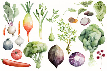 Watercolor painted collection of vegetables. - obrazy, fototapety, plakaty