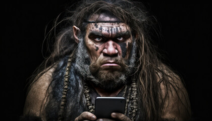 An imaginative depiction of a Neanderthal donning animal furs, and in contrast, using a smartphone, underscores the remarkable technological strides made since ancient times. generative ai