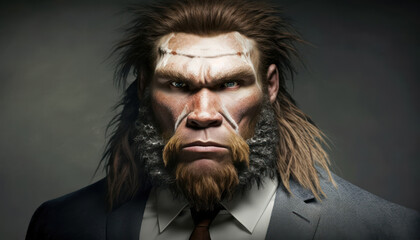 Obraz premium The Neanderthal professional, exploring ancient intelligence in modern office settings, generative ai