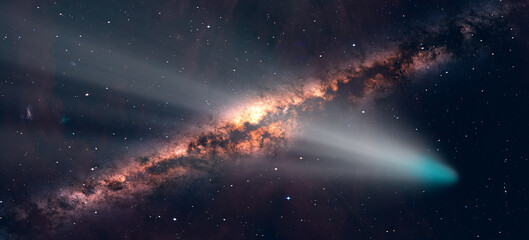 Comet on the space Milky Way galaxy in the background 