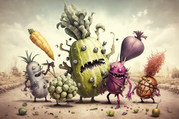 group of anthropomorphic fruits fighting a horde of evil vegetables in a post - apocalyptic wasteland illustration generative ai