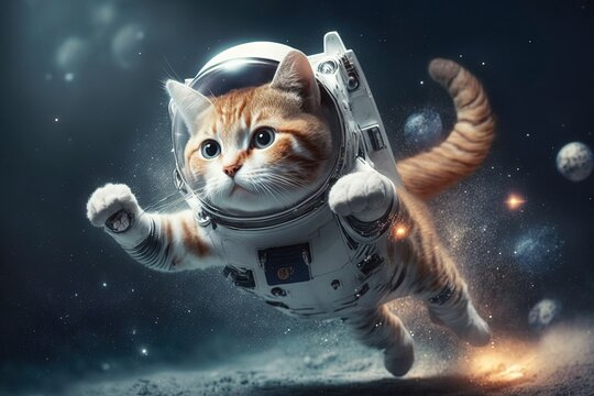 cat astronaut floating in space, wearing a tiny space suit and holding onto a rocket ship with its paws illustration generative ai