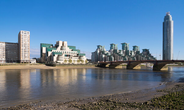 River Thames, London, UK. View from Millbank towards Vauxhall Bridge on summer day.