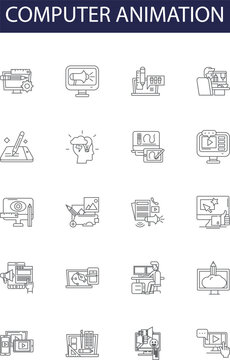 Computer animation line vector icons and signs. Animation, 3D, CGI, Animation Studio, Visual Effects, Motion Graphics, Render, Graphics outline vector illustration set