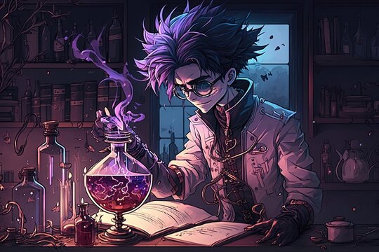 Mad scientist creating Love potion man manga style character illustration generative ai