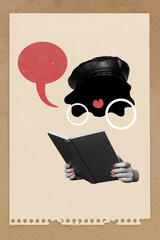 Vertical collage picture of black white gamma girl arms hold read book invisible head empty space...