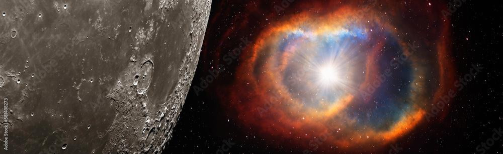 Poster Supernova explosion in the center of the milky way galaxy with moon 