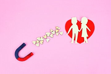 Magnet attracts romance relationship couple.Metaphor symbolise as subconscious mind send energy law...