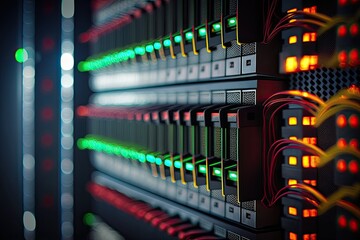 Fototapeta premium A data center's cluster of server racks (shallow DOF; color toned image). Generative AI