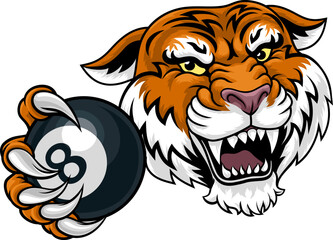 A tiger angry mean pool billiards mascot cartoon character holding a black 8 ball.