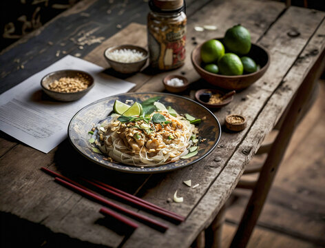 A beautiful flat lay shot of all the components of Pad Thai, featuring noodles, tofu, shrimp, vegetables, and fresh herbs, arranged in separate dishes or bowls, with a bottle of tamarind sauce