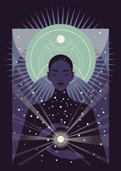 Goddess of Fortune with a crystal ball. Mythology. Dark night. Paganism and religion. Vector flat illustration