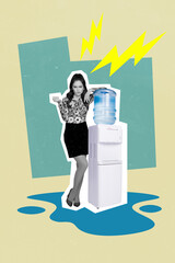 Vertical collage image of unsatisfied black white gamma girl put hand cooler bottle spit water floor isolated on drawing background