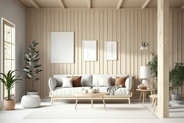 Farmhouse style beige living room interior with natural wooden furniture. Generative AI