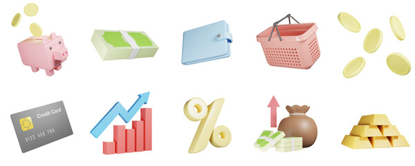 3d finance icon set on transparent background