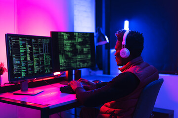 Software developer coding on his computer. Coding and hacking concept..