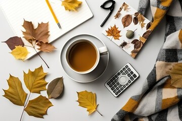 Flat lay plaid and cup of coffee on white desk Hygge, autumn cozy mood, comfort concept Flat lay, top view. Generative AI