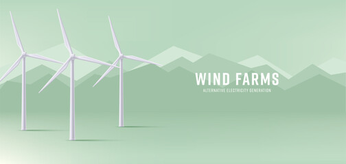 Wind electro station in the mountains, 3d illustration banner, realistic render style, green energy