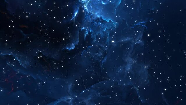 Neon lights, starry sky, blue space background. Animation space travel throug blue nebula clouds and star clusters. 4k footage