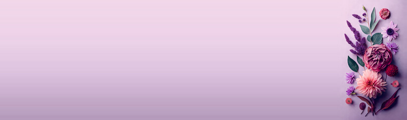 Horizontal wallpaper with pink and purple flowers composition, made with Generative AI