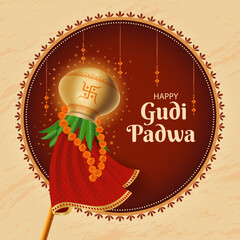 Happy Gudi Padwa Hindu Festival Greeting Card Background. Creative Banner Or Poster of Occasion Gudi Padwa Celebration. Lunar New Year Background - obrazy, fototapety, plakaty