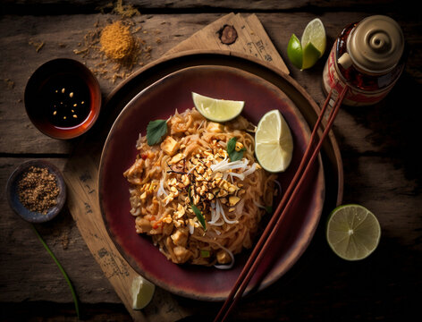 A mouth-watering still life shot of a plate of Pad Thai on a wooden surface, with a fork and chopsticks casually laid out beside it and a drizzle of spicy sauce on top,