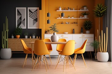Interior design of modern dining room with orange furniture and wooden table, Scandinavian style, Generative AI