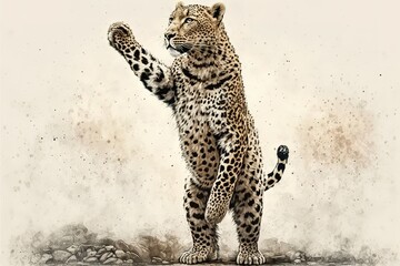 Beautiful spotted leopard big cat standing up on hind legs raising paws before jumping up, AI generated