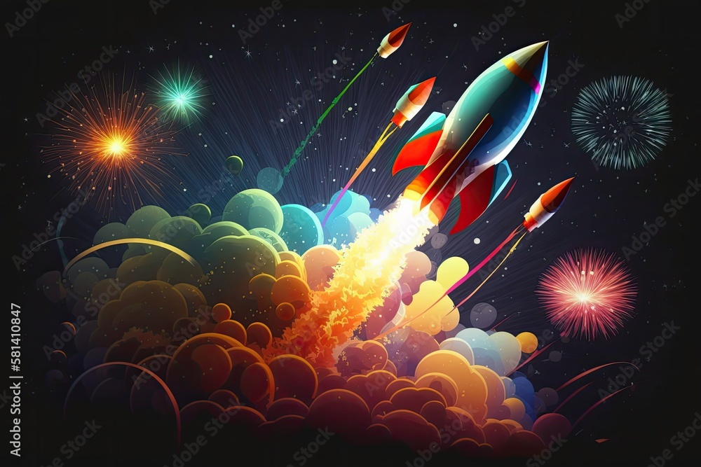 Aufkleber space is available for text in the bottom view of fireworks rockets taking off into the sky. celebra