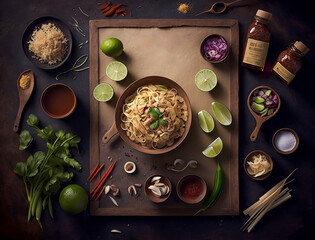 A stunning macro shot of the texture of Pad Thai, featuring a mix of shrimp, tofu, and vegetables, shot in the early morning light with a 4:3 aspect ratio and film photography.