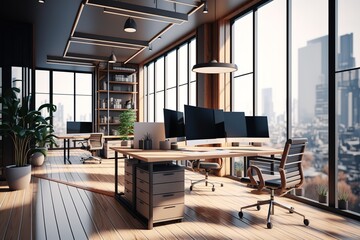 Open space office with modern wooden furniture, computers on tables, glossy floor and big window with city view. Generative AI