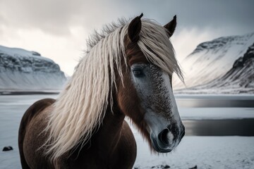 Icelandic equine. untamed horse. Icelandic Westfjord with a horse. composition involving wild creatures. image of a trip. Iceland during the winter. Generative AI