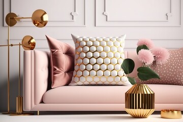Patterned pillow on a velvet pink sofa and copper gold accessories in a feminine living room interior with empty white wall. Generative AI