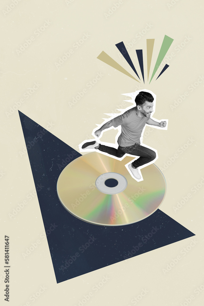 Sticker Vertical vintage collage picture image sketch of cheerful glad man turn cd disk play music isolated on drawing background