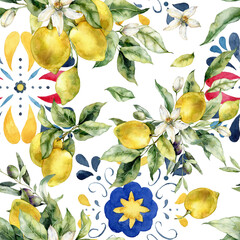 Watercolor tropical seamless pattern of ripe lemons, leaves, flowers and tiles. Hand painted fruits isolated on white background. Tasty food illustration for design, print, fabric or background.