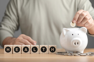 Financial for health concept, The idea of saving money for health and life, Man putting coin to...