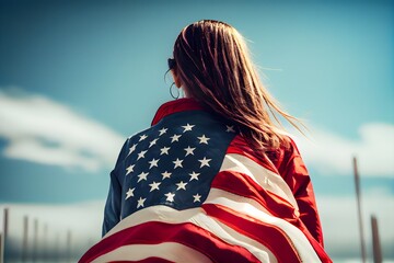 Naklejka premium Woman from the back holding the national flag of the USA against the blue sky, representing the 4th of July, USA Independence Day. Generative AI