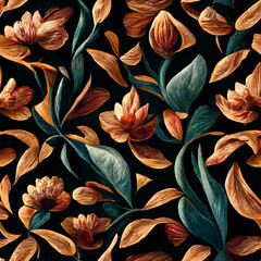 Seamless floral pattern. elements of blush flowers, branches of leaves on a dark black background. generative ai