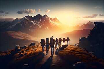 Trekking group walking on top of the mountain in a row, sunrise. Generative AI