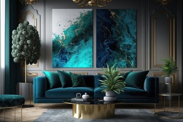 Stylish living room interior idea with green, blue and gold colors. Generative AI