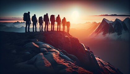 Trekking group walking on top of the mountain in a row, sunrise. Generative AI