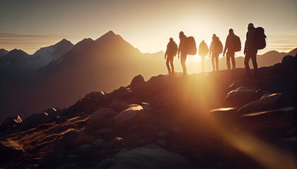 Trekking group walking on top of the mountain in a row, sunrise. Generative AI