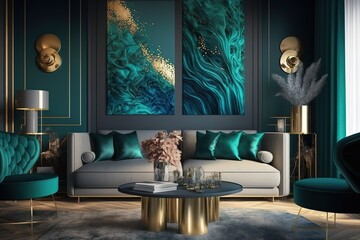 Stylish living room interior idea with green, blue and gold colors. Generative AI