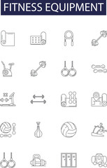 Fitness equipment line vector icons and signs. Ellipticals, Rowers, Stationary Bikes, Steppers, Weight Machines, Free Weights, Barbells, Benches outline vector illustration set © iconsgraph