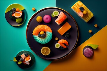 Sushi plates, photography, solid color background. Generative AI