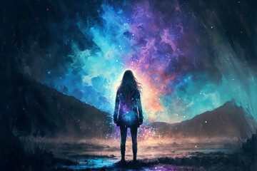 Lonely girl in outer space, abstract galaxy background ,made with Generative AI