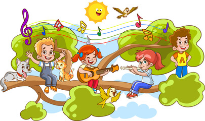 Children hung on a tree branch on sunny day cartoon vector