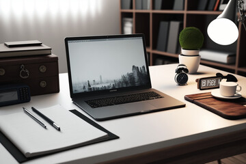 desk with laptop, Generative AI	