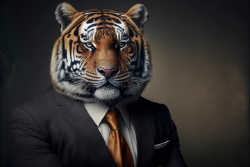 Portrait of a tiger dressed in a formal business suit ,made with Generative AI
