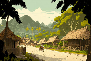 Malay village with houses and tall trees ,made with Generative AI
